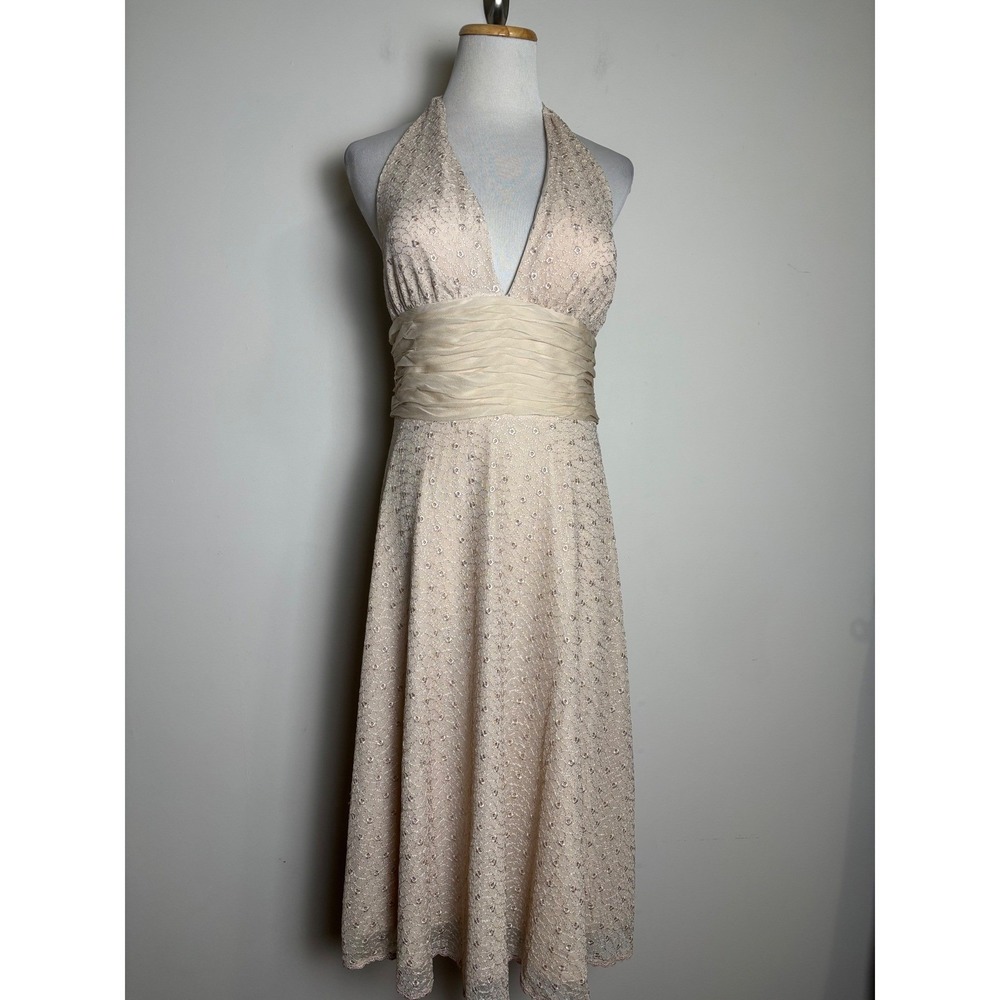 Vision‎ Apparel Retro Babydoll Halter Midi Dress 6 Fairy Sheer Champagne Lace